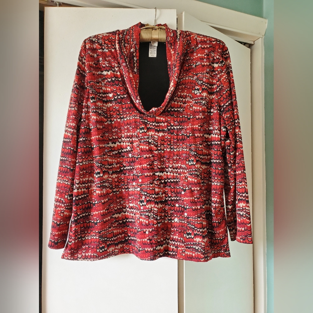 Vintage JNY 3/4 sleeve red cowl neck top with clear sequins